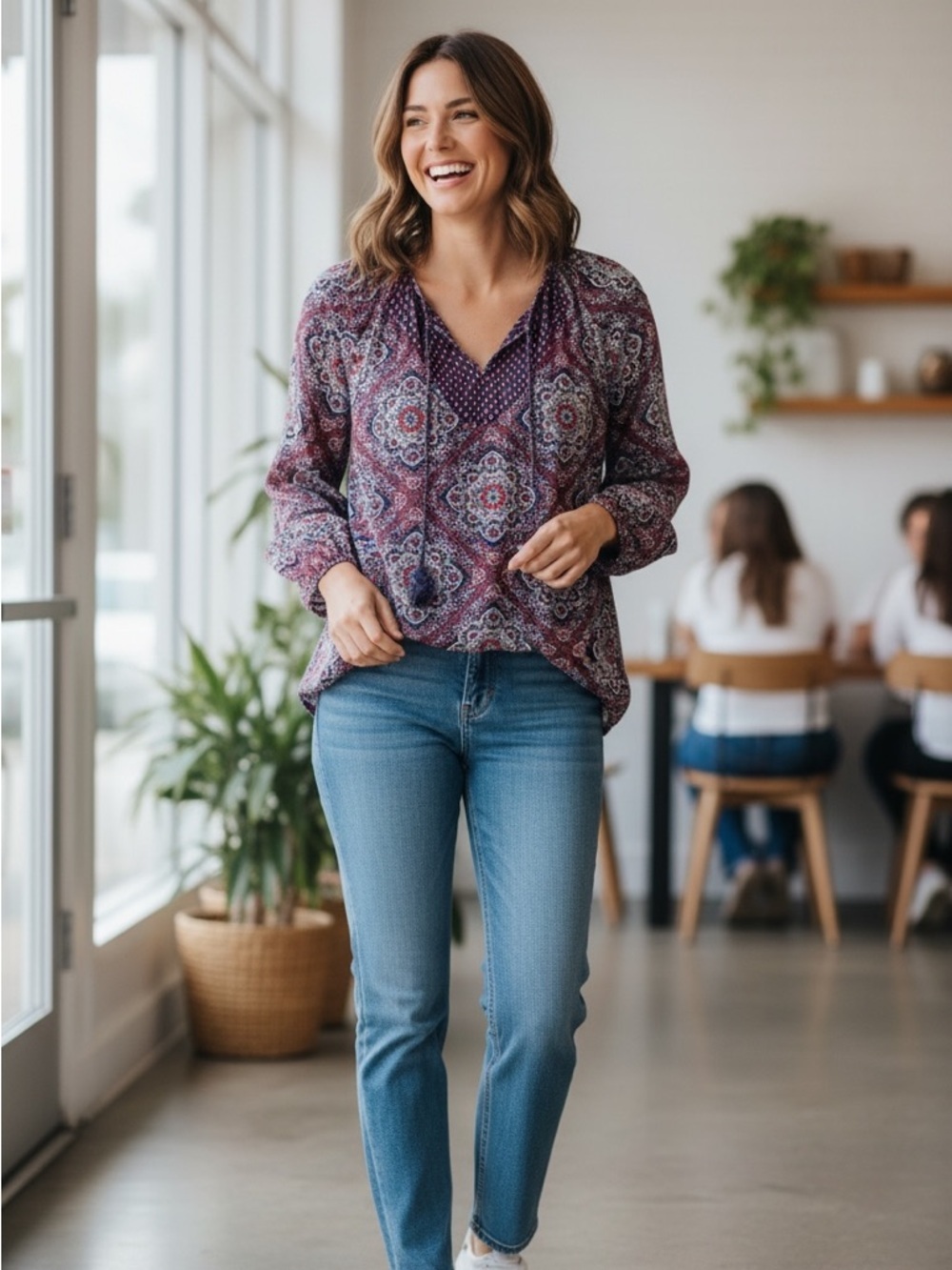 Ricki’s Bohemian Navy Burgundy Tassel Semi-Sheer Sleeve Lined Casual Blouse